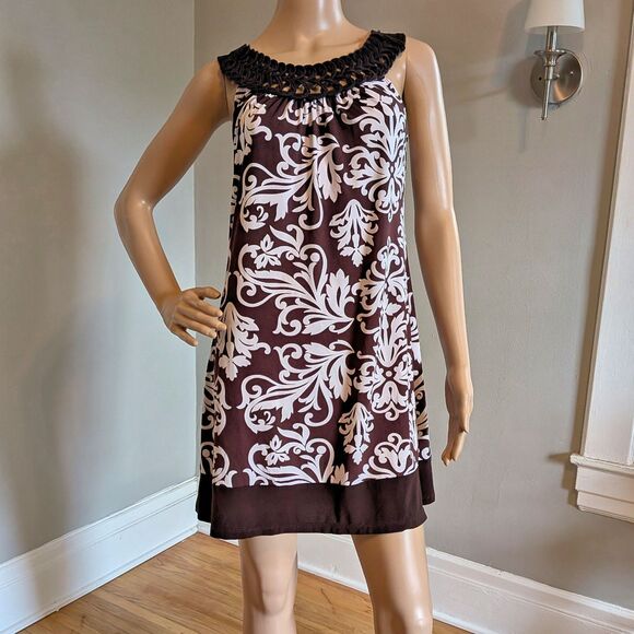 Vintage Y2K Wrapper Mini Shift Dress, Brown Filigree, Mod Aesthetic, Size Large - Picture 1 of 7
